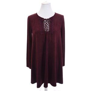 Altar'd State Lace Up Crochet Bib Faux Suede Swing Babydoll Dress Maroon Sz S